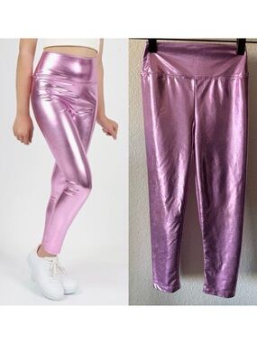 Erdem Kids Girls' Metallic High Waist Pink Leggings Shiny Stretch Size 6-7 Years